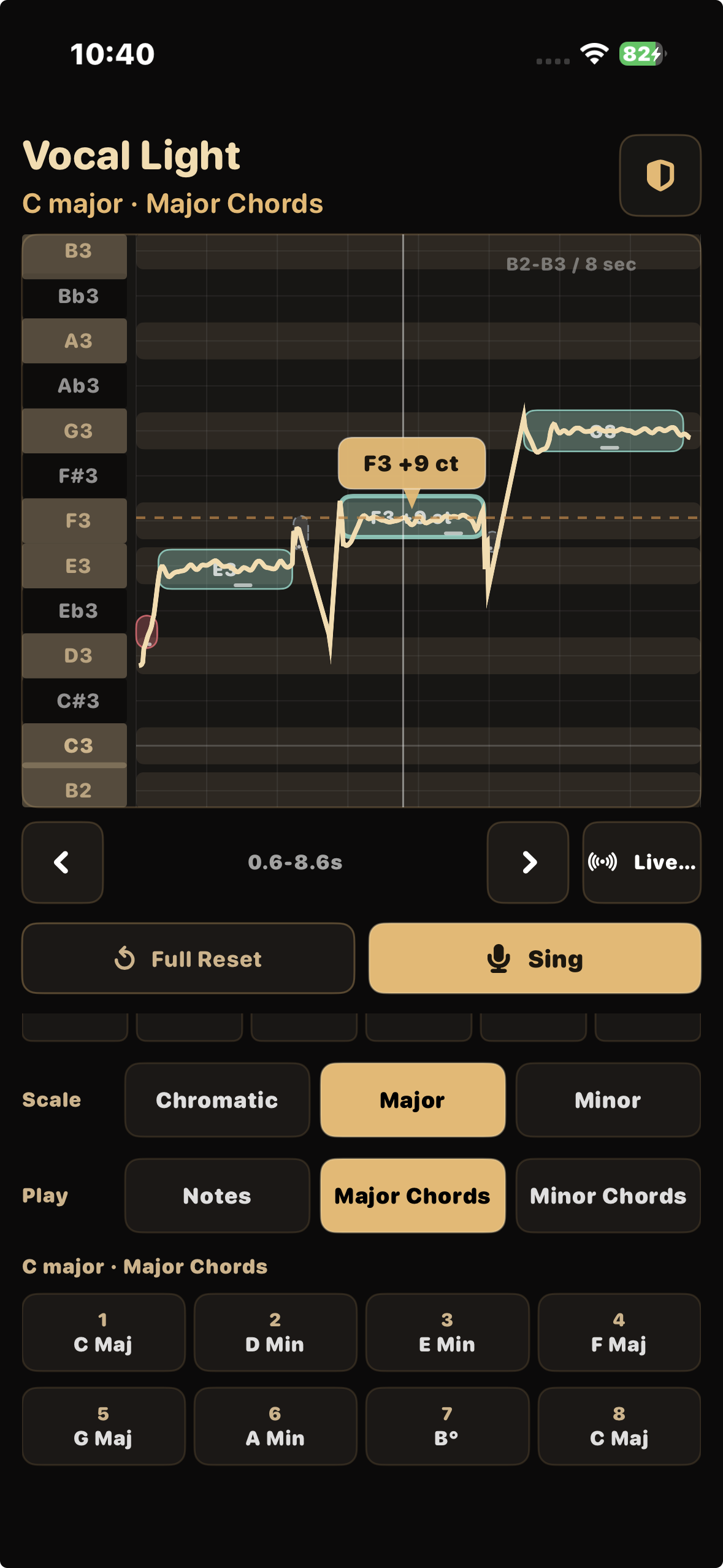 Vocal Light on iPhone, showing a sung phrase, an F3 note measured at plus 9 cents, and C major chord buttons